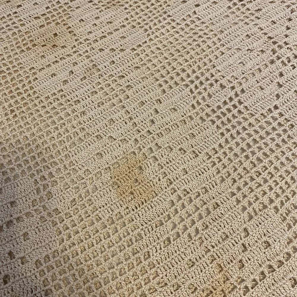 VTG 80s HandCrocheted Lace Tablecloth Beige Handmade Floral CottageHome 53x98”